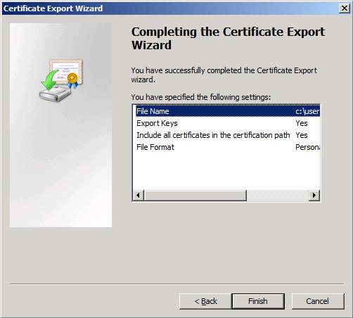 Certificates 7. The File to Export dialog appears. Specify a file name and the Assureon Installers location, for example, \\localhost\installers\fswcomputername, and click Next.