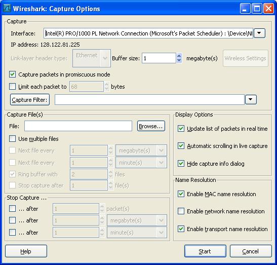 Figure 3: Wireshark Capture Options Window 4. You can use all of the default values in this window. The network interfaces (i.e., the physical connections) that your computer has to the network will be shown in the Interface pull down menu at the top of the Capture Options window.
