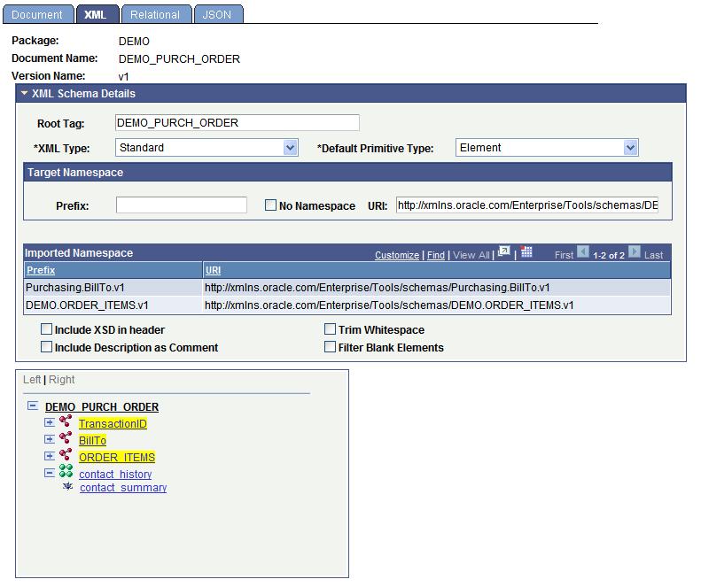 Chapter 7 Managing Formatted Documents Image: Document Builder - XML page This example shows the XML Schema Details section of the Document Builder XML page expanded.