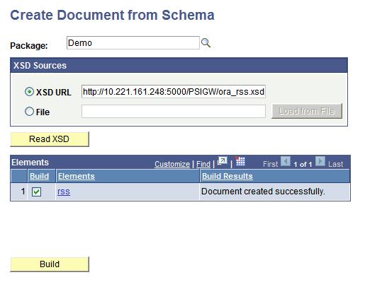 Creating Documents from Schema Chapter 9 Image: Create Document from Schema page The following example shows the Create Document from Schema page after you have selected the elements to include in
