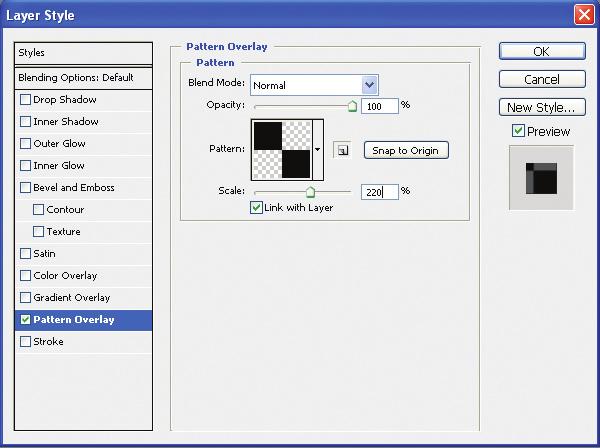 ADOBE PHOTOSHOP CS3 431 Classroom in a Book 7 In the Blending Options dialog box, select Pattern Overlay from the list on the left to select it and display its options.