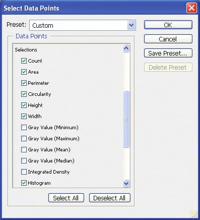 ADOBE PHOTOSHOP CS3 435 Classroom in a Book 11 Choose Analysis > Select Data Points > Custom, and deselect all of the Gray Value options and the Integrated Density option.