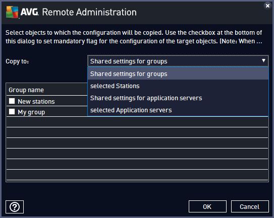 From the drop-down menu select where do you wish the configuration to be copied. You can choose Shared settings in Groups, Stations, Shared settings for application servers or Application servers.