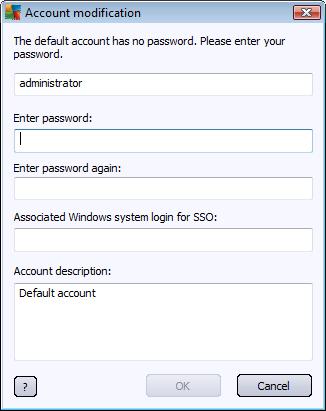 Enter the account name and password (twice for verification). The Associated Windows system login for SSO field can be used for entering an existing Windows system login name.