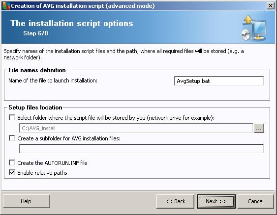 In this step you may specify names of the installation script files, their storage and other options.