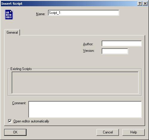 Enter a name in the displayed Insert script window and click OK to confirm (refer to fig. 1-13). Figure 1-13 Insert script A new script folder with the created script will be created below the object.