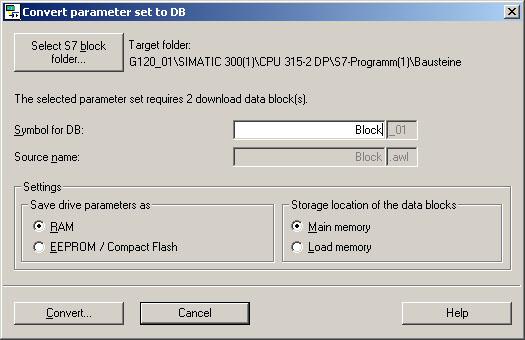 The Convert parameter set to DB window appears (refer to fig. 1-35). The number of required download data blocks of the selected parameter set is displayed.