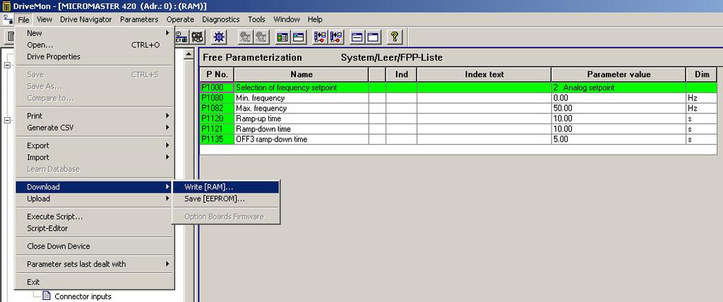Commissioning tool Drive Monitor 2.8 Download (writing a parameter set) In the online mode, you can write a parameter set into the RAM memory of a drive (download).
