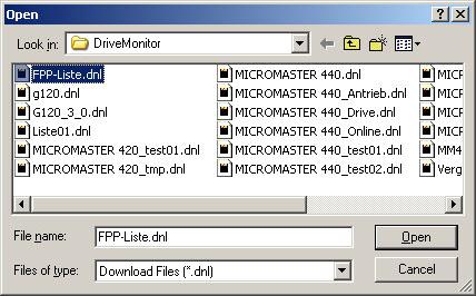 Commissioning tool Drive Monitor In the file name selection dialog box which opens, select the file name of the parameter set which you wish to write into the drive converter or into the technology