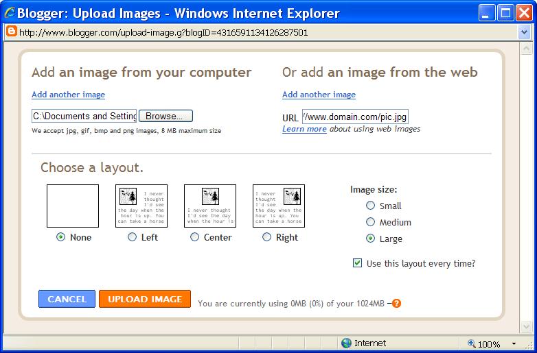 THE POSTING TAB - Create an image post. Google Blogs will accept jpg, gif, bmp, and png images, up to 8 MB maximum size. To upload your image from your computer to the Blog Site, Browse to your image.