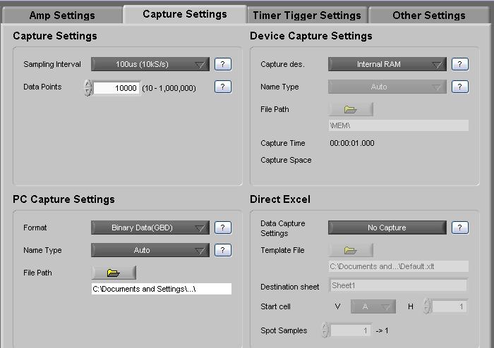 Settings related to data capture The settings related to data capture are made according to the setting options. Select the "Capture Settings" tab. Set "Sampling Interval" to 100us.