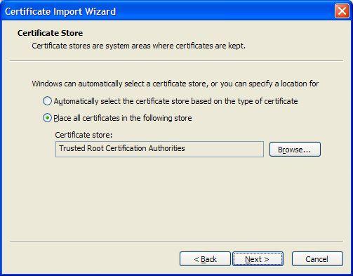 f. Keep the default certificate store selection: "Trusted Root Certificate Authorities", and click the "Next"
