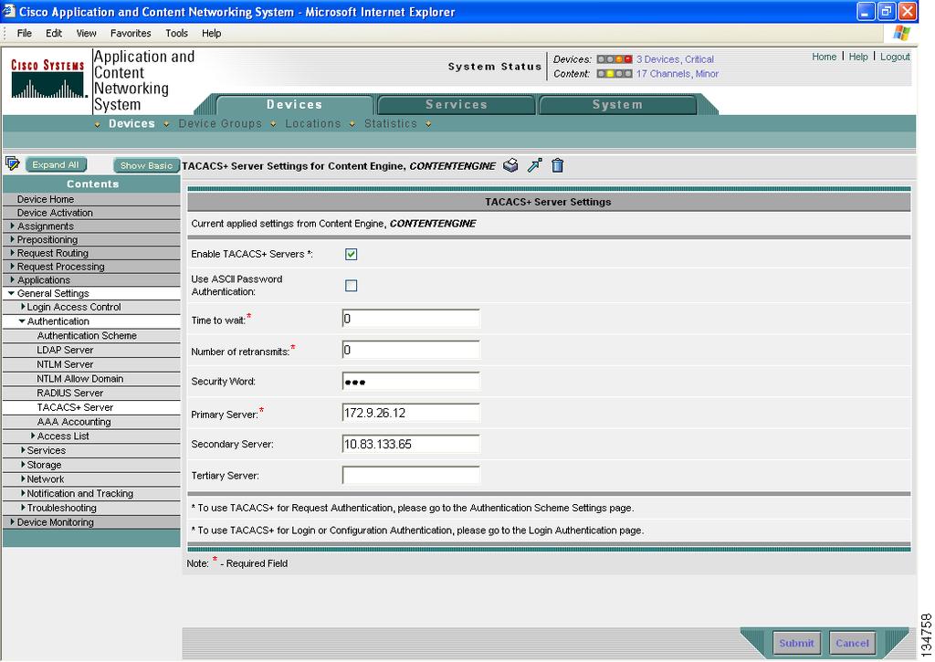 Chapter 15 Configuring Authentication Server Settings To configure TACACS+ server settings using the Content Distribution Manager GUI, follow these steps: Step 1 Step 2 Step 3 From the Content