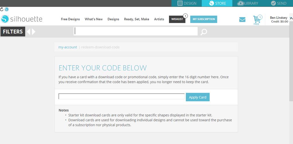 Once your account is created, you will need to access your shopping cart again and try the checkout process once more. You will be asked to validate your password each time you download designs.