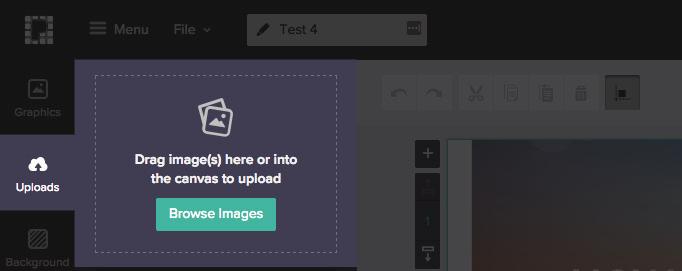 The first way is to use the tools in the menu. 1. Drag & Drop: Click on the Upload Image icon (on the left menu) to open up your uploads library.