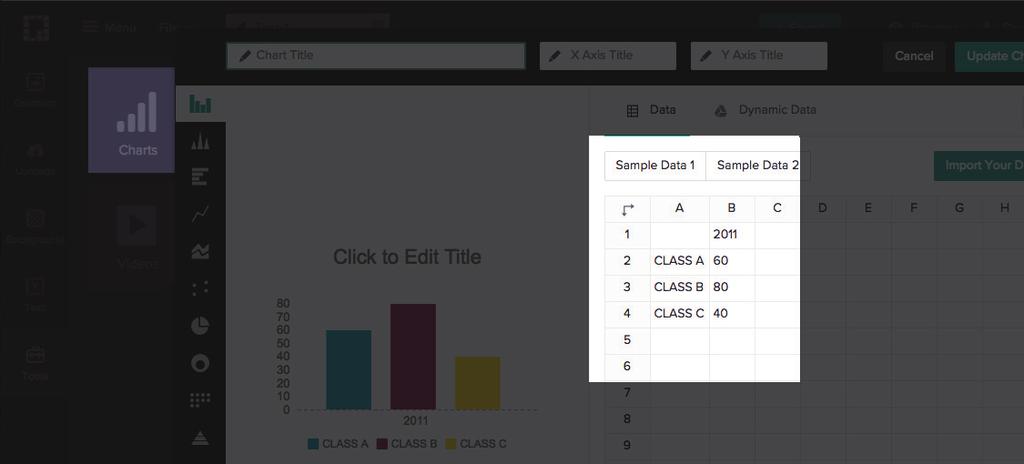 STEP 4 Visualize Your data Use the tools available in the left sidebar to visualize your data. There are tons of options to create charts and maps that can be customized to beautify your data.