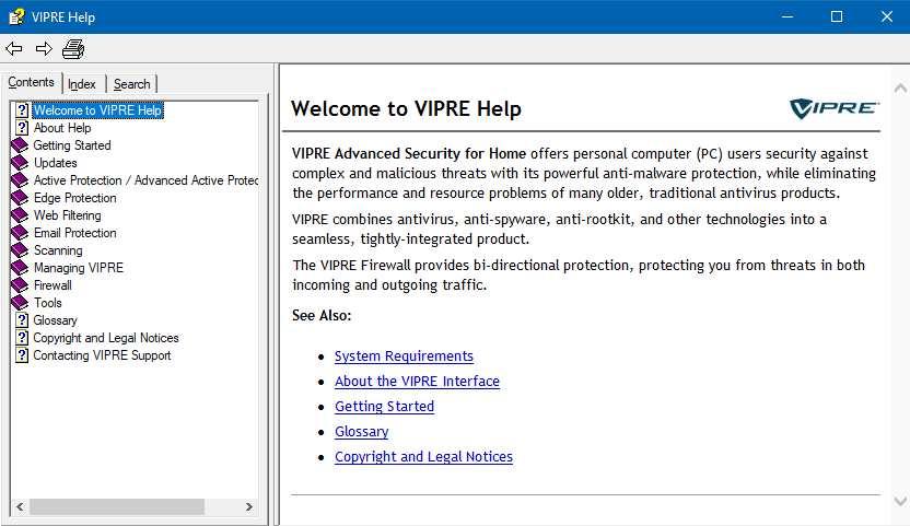 Help: The Account page lets you open the local help feature by clicking VIPRE Help: A link to the online support pages, and a search box, are also provided.