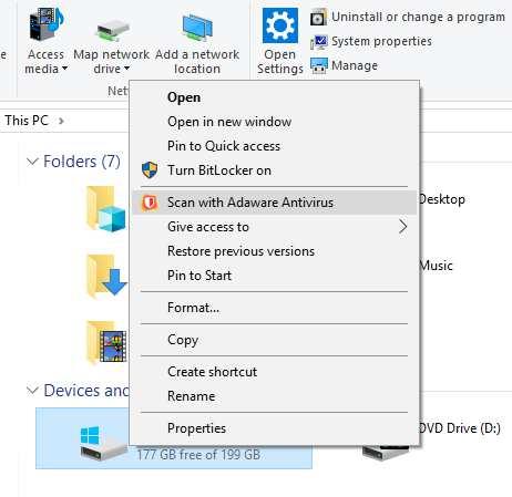 A specific drive, folder or file can be scanned by right-clicking it in Windows Explorer and clicking Scan with Adaware Antivirus: Update: Malware definitions update automatically, but a manual