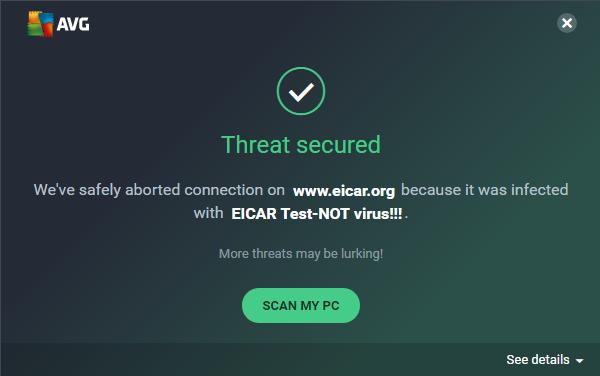 If you inadvertently download a malicious program, AVG Free Antivirus will block the download and show the alert below: You do not have to take any action.