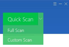 Scans 9 : The Quick Scan button on the main program window does precisely that; if you click on the arrow to the right of the button, you can also run a full or custom scan: We could not