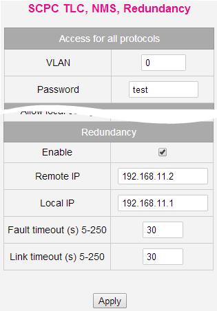 Specify Remote IP and Local IP values and set Fault timeout and Link timeout timers; FAULT TIMEOUT TIMER DEFINES THE