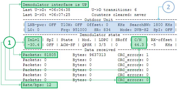 7.5 Example Of TDM/TDMA Fault Fixing Figure 41 UHP demodulator statistics and configuration To monitor the status of the TDM/TDMA channel the following should be performed on the router: Check the