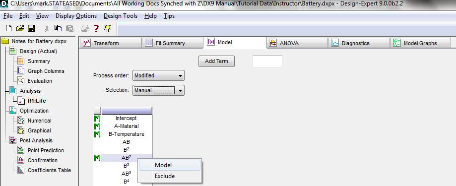 DX10-02-3-Gen2Factor.docx Rev. 1/27/2016 Re-Analyzing the Results To re-analyze your data, click the analysis node labeled Life. Then click the Model tab.