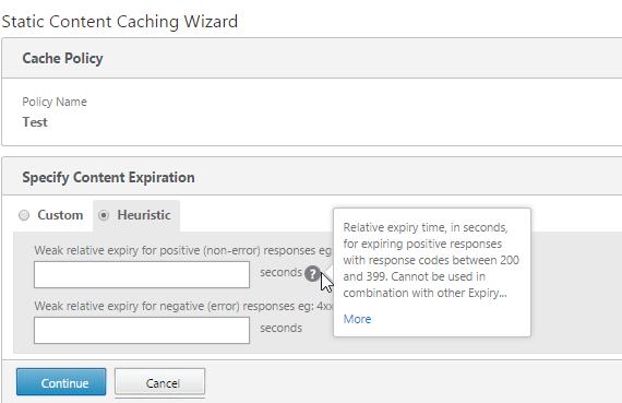 The next step involves definition of the caching space to be used on the NetScaler and the