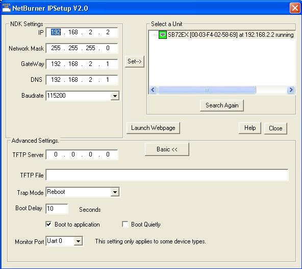 Figure 4: NetBurner IPSetup V2.0 Change the baud rate to 19200. The IP address is not critical and can be changed as needed. Pressing Search Again should find the NxLink with the new IP address.