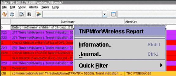 Once the user ID and password are entered, the report associated with the selected event is presented in Tivoli Netcool Performance Manager for Wireless as shown below. 3.5.