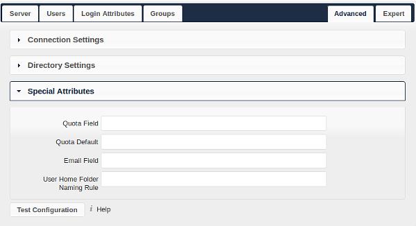 Special Attributes Quota Field: owncloud can read an LDAP attribute and set the user quota according to its value. Specify the attribute here, and it will return human-readable values, e.g. 2 GB.