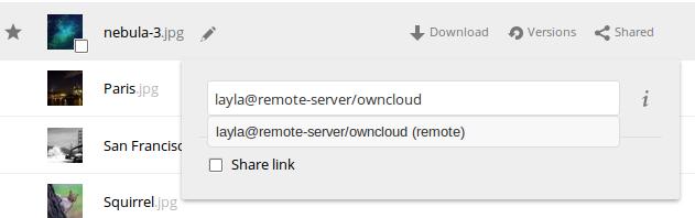 This dialog allows you to create local shares with users and groups on your local owncloud server, and also to create federated cloud