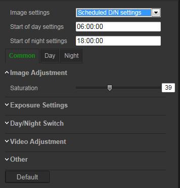 Parameter Description sharpness), Exposure (Exposure Time and gain), Backlight, White Balance and Image Enhancement settings for day mode only.