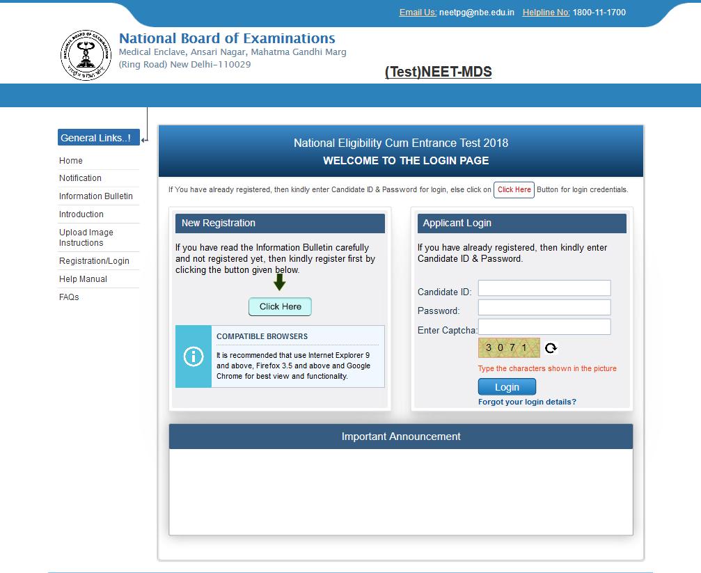 Login page for NEET-MDS Step 5: After Click on New Registration Section, candidate has to click on Click Here link.