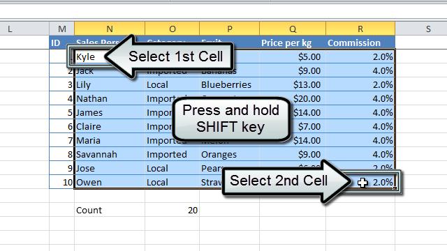 15. Fast range selection (SHIFT + Click) Quickly select a range of cells by holding down the SHIFT key.