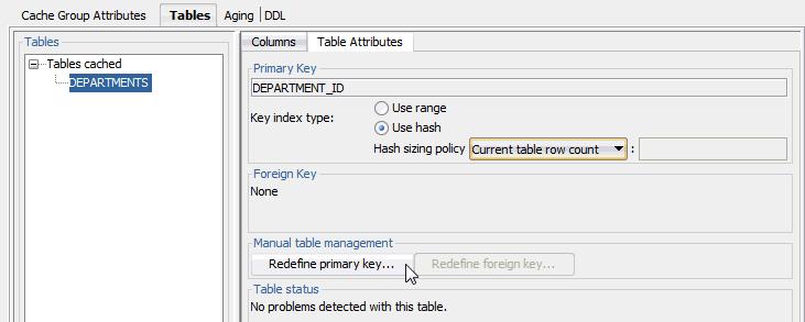 Creating a cache group Figure 7 8 Redefining a primary key In the Define Primary Key(s) dialog, the non-nullable unique columns of the corresponding Oracle table is shown in the Non-null unique