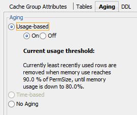 Creating a cache group groups that do not have automatic refresh defined, the default aging state is set to on and the type of aging is set to usage-based.