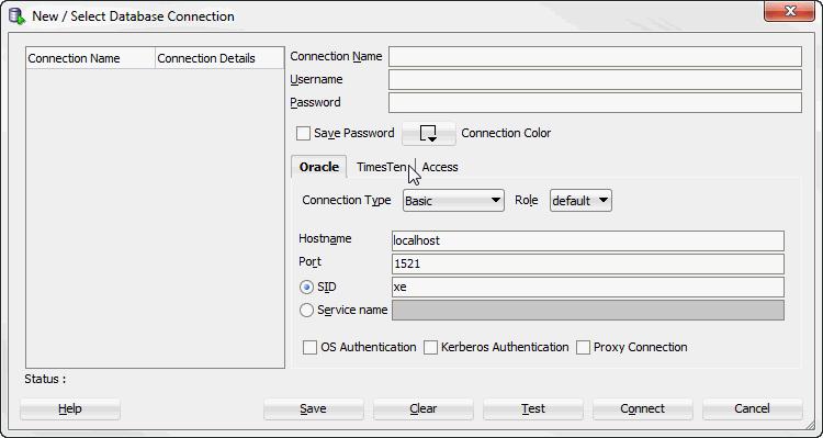 Figure 1 2 New database connection You are ready to enter information for the connection. 3. In the Connection Name field, enter the connection name. 4. In the Username field, enter the TimesTen user.