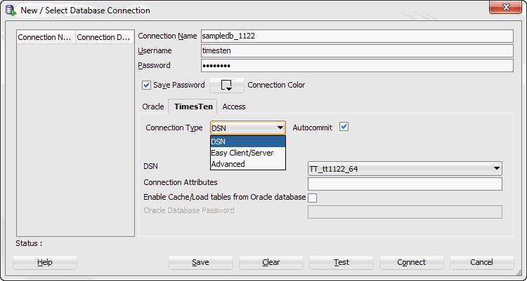 Defining a TimesTen database named connection 5. In the Password field, enter the password for the TimesTen user. To save the password, choose Save Password.