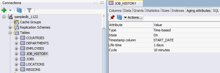 The Aging attributes tab, located within the table tab, shows information about the aging attributes for a table. The aging policy type, aging cycle, and aging state are displayed.