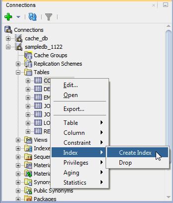Then right-click the name of the table to create an index on and select Index, then select Create Index.