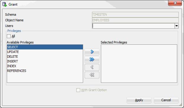 Otherwise, select the individual privileges from the Available Privileges list for the privileges to grant to the selected user and then click > to move those privileges into the Selected Privileges