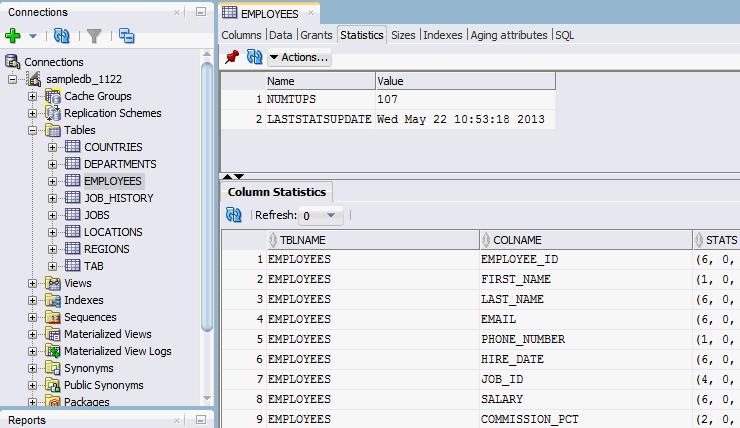 Updating the table and column statistics used by the query optimizer Figure 3 3 Statistics for employees table If you are unable to find the table that you are looking for, see "Locating a TimesTen