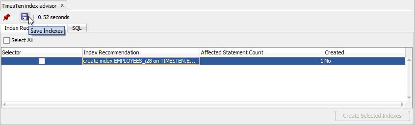 Connection level capture The Index Advisor Configuration dialog closes. A TimesTen index advisor pane displays at the bottom of the SQL worksheet.