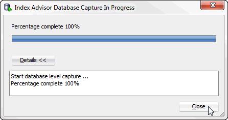 Database level capture Figure 4 36 Click Close The Index Advisor Database Capture In Progress dialog closes. 6. Once you have captured your desired SQL workload, click Stop.