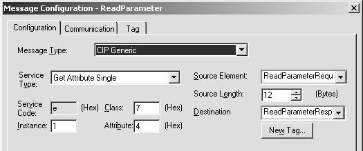 EtherNet/IP Configuration and Startup Access to unit parameters 5 4. Click on the [...] button in the MSG module. The "Message Configuration Read Parameter" window is displayed.