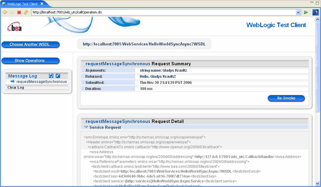 Testing Web Services with the Test Client Beneath the request summary the message XML is displayed, as shown in the following image.