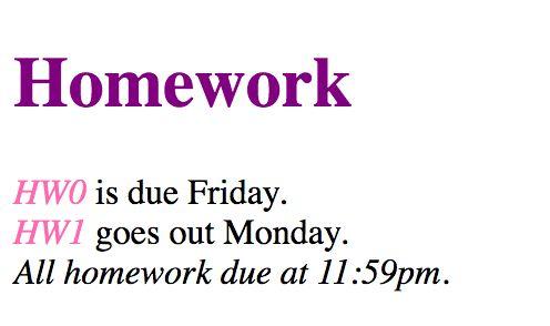 Classes and ids <h1 id="title">homework</h1> <em class="hw">hw0</em> is due Friday.