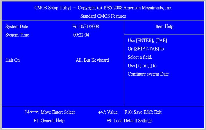 Standard CMOS Setup Select standard CMOS features from the main menu to configure some basic parameters in your system the following screen shows the standard CMOS features menu: The following table