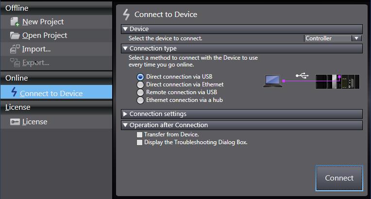 5 The Connect to Device Dialog Box is displayed. Select Direct connection via USB in the Connection type Field.